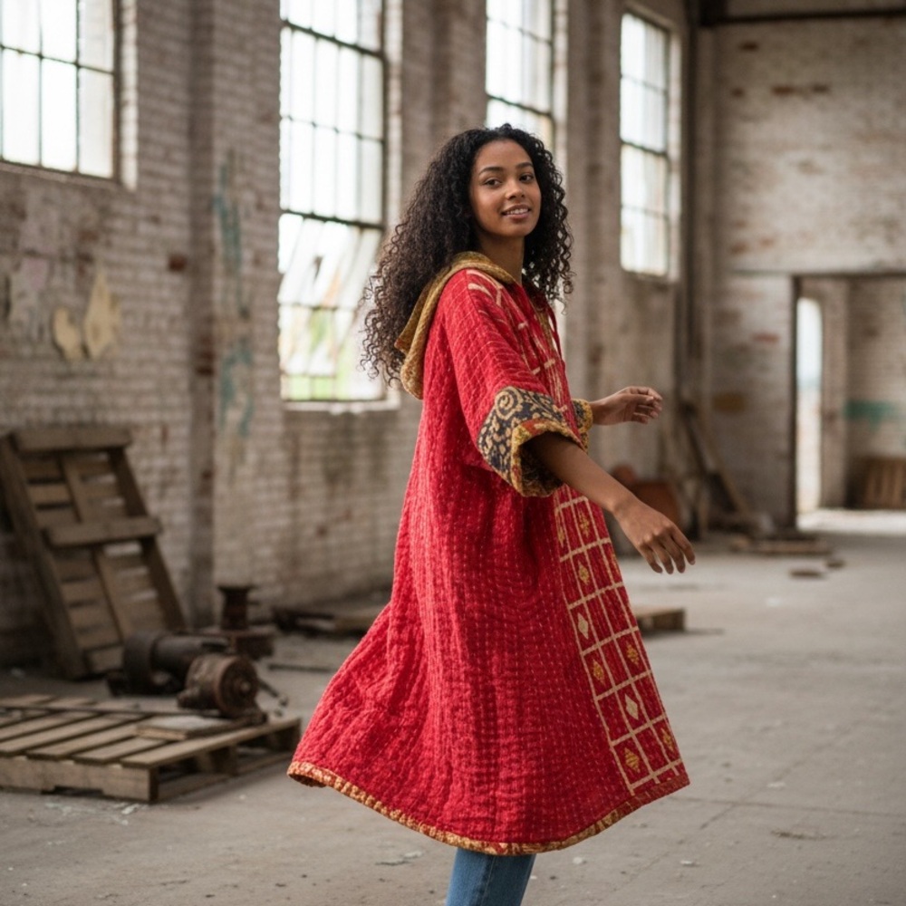 KANTHA Hooded Poncho ITEM 108 BOHO COMFY with pockets, handmade reversible OS - Picture 3 of 9